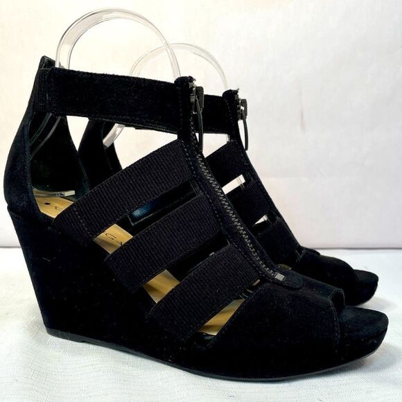 Black Suede Strappy Wedge with Front Zipper 3.5” Heel size 8 Like New - Picture 1 of 6